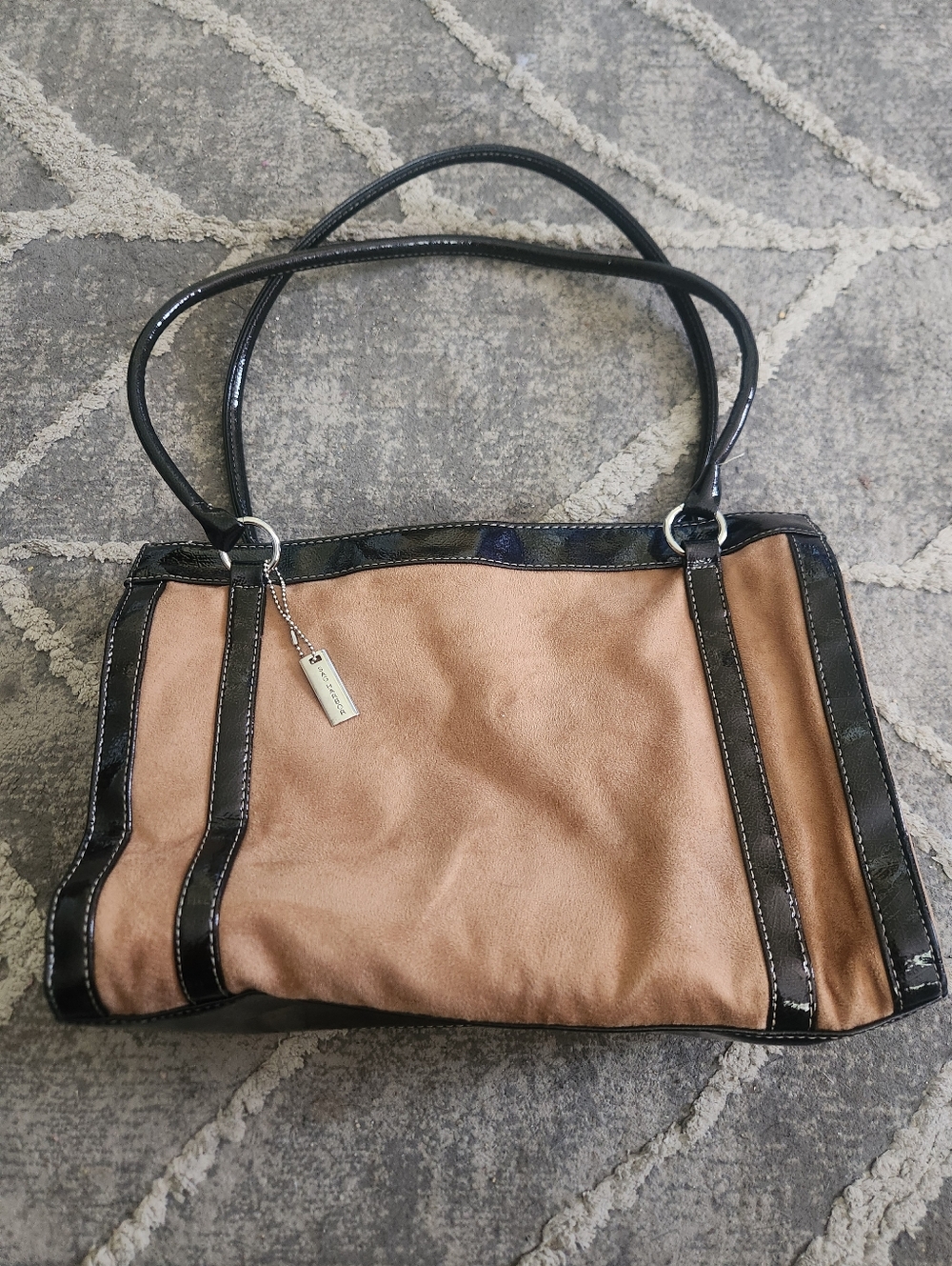 Vintage Sag Harbor Large Suede Tote Bag with Patent Trim - Tan and Black